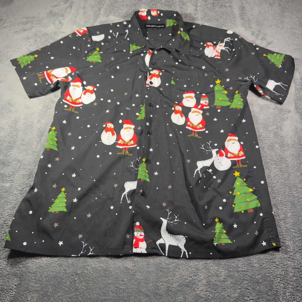 Molokai Surf Co Mens XL Christmas Button Down Shirt Santa Snowman Reindeer Black